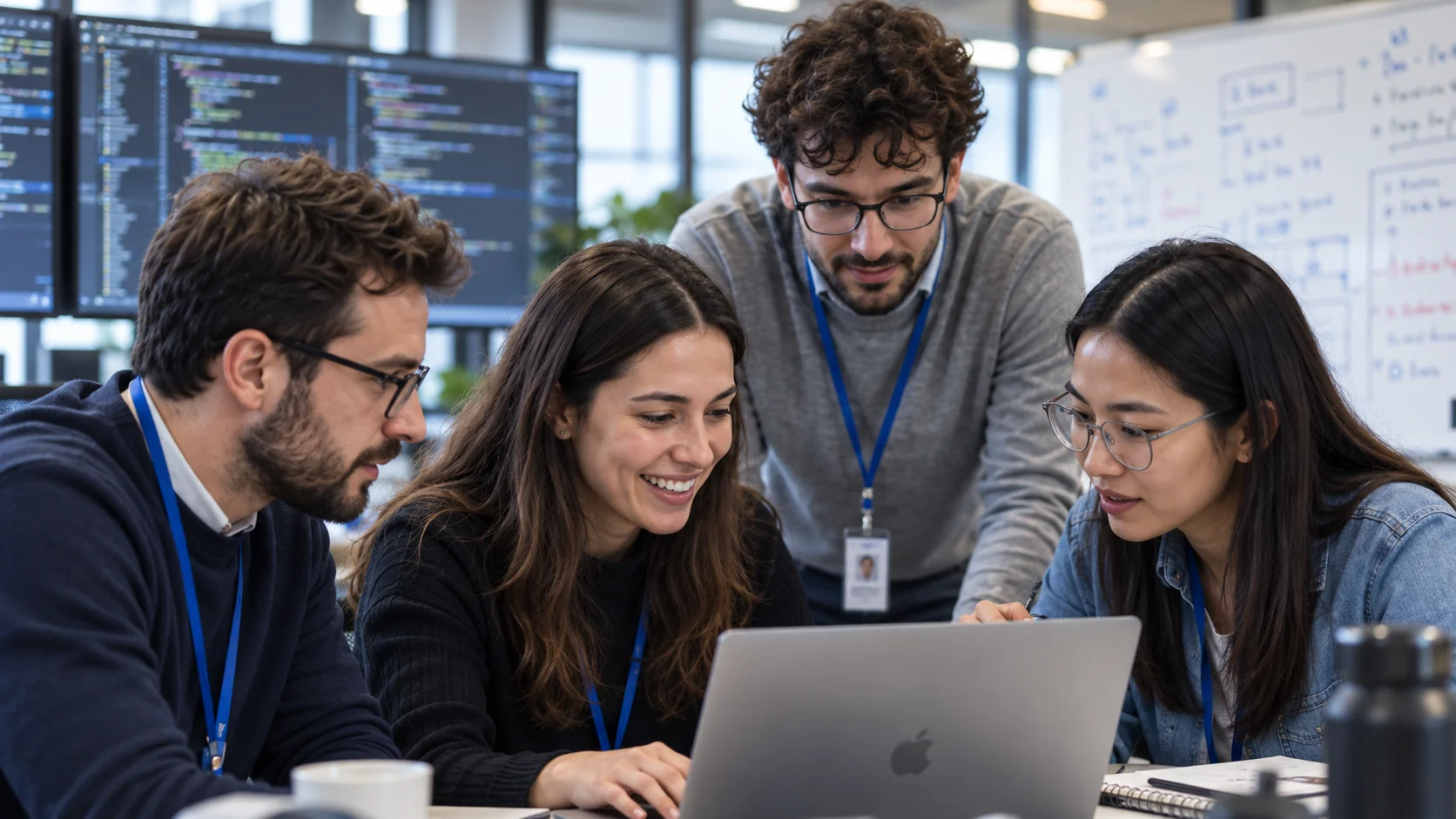 Equipo técnico colaborando alrededor del portátil