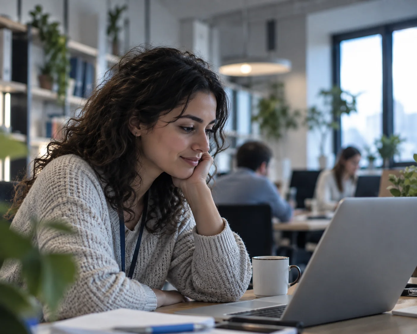 Mujer trabajando en una oficina luminosa
